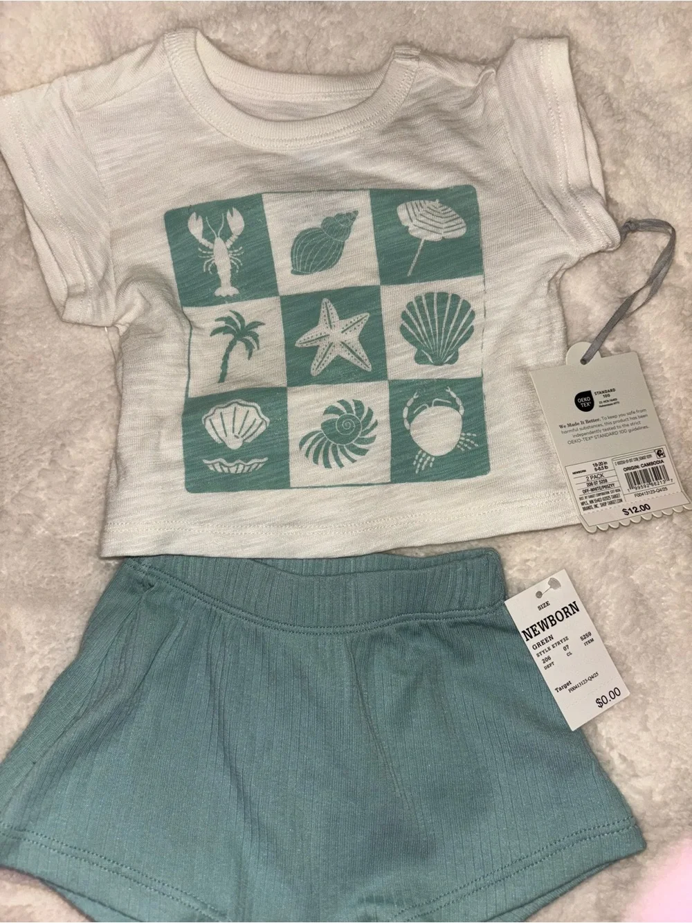 cloud island White Tee & Aqua/Yellow Shorts 2-Piece Set